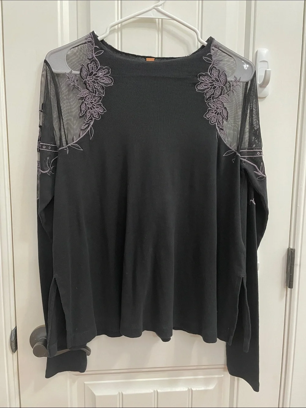 FREE PEOPLE Romantic Goth Black Top with Gray Floral Mesh Shoulders